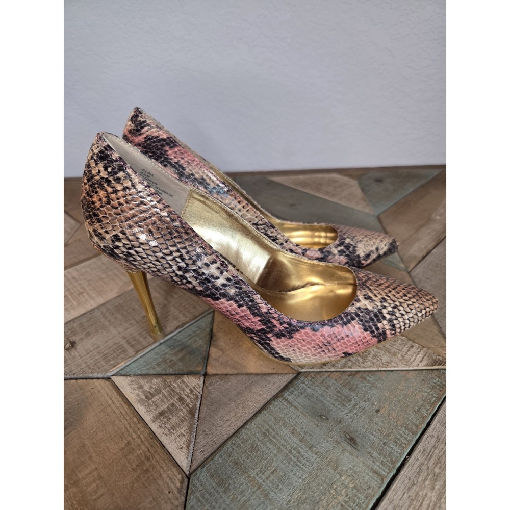 Thalia Sodi Womens 8.5M Elina Snake Print Heels Pump Gold Stiletto Pink Shoes NE - Picture 3 of 7